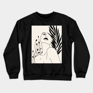 Woman Portrait And Plant Leaves Line Art Crewneck Sweatshirt